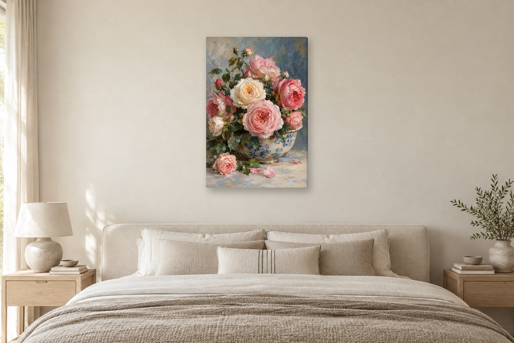 Garden Roses in a bedroom — interior mockup with the complete original artwork