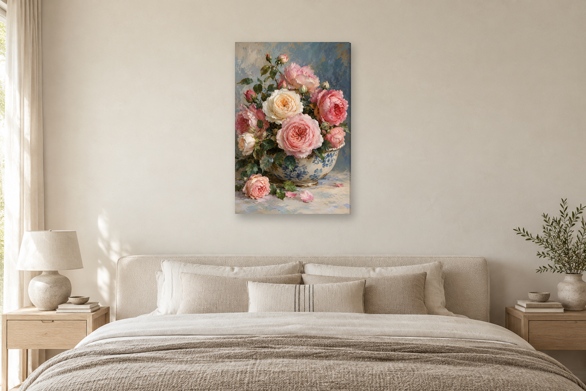Garden Roses in a bedroom — interior mockup with the complete original artwork