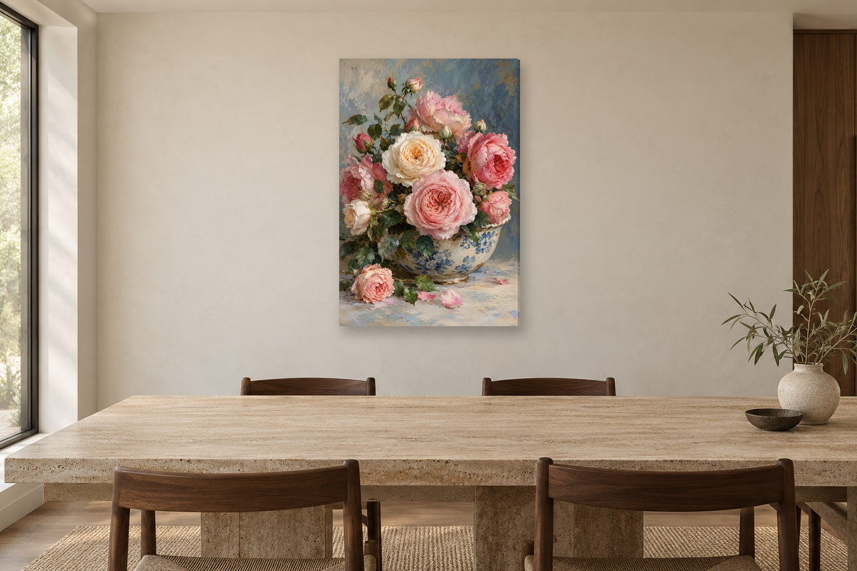 Garden Roses in a dining room — interior mockup with the complete original artwork