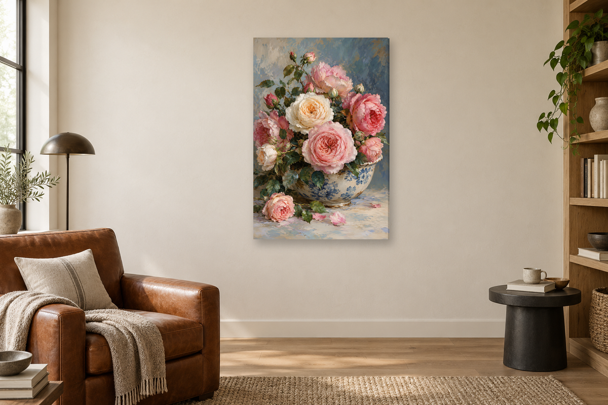 Garden Roses in a reading corner — interior mockup with the complete original artwork