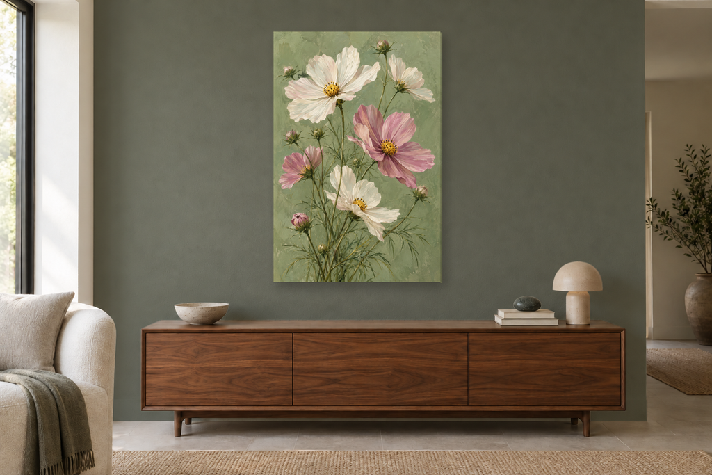 Cosmos Breeze in a living room — interior mockup with the complete original artwork