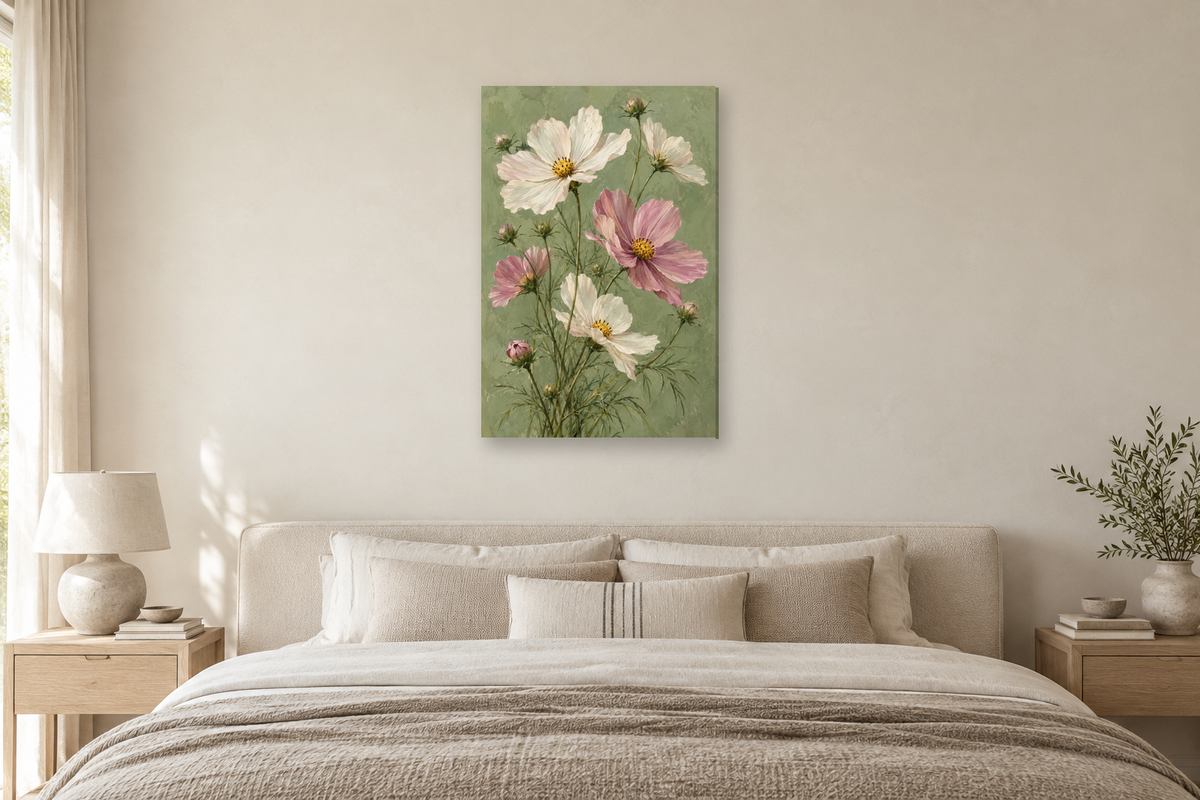 Cosmos Breeze in a bedroom — interior mockup with the complete original artwork