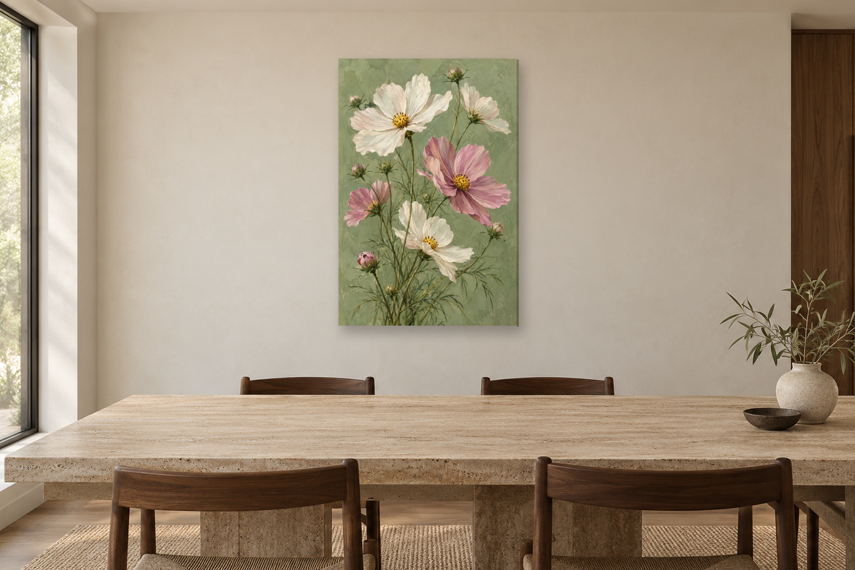 Cosmos Breeze in a dining room — interior mockup with the complete original artwork