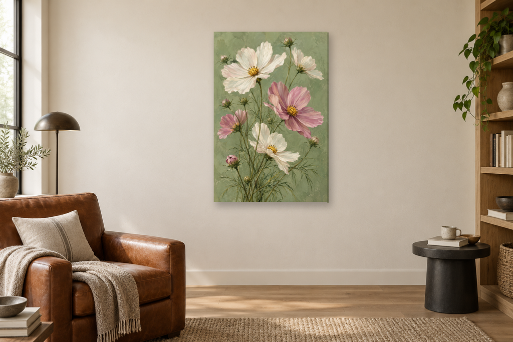 Cosmos Breeze in a reading corner — interior mockup with the complete original artwork