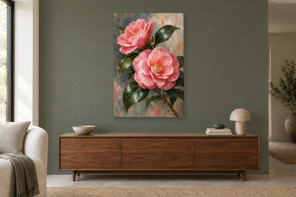 Camellia Study in a living room — interior mockup with the complete original artwork
