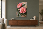 Camellia Study in a living room — interior mockup with the complete original artwork