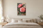 Camellia Study in a bedroom — interior mockup with the complete original artwork