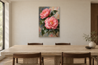 Camellia Study in a dining room — interior mockup with the complete original artwork