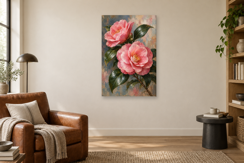 Camellia Study in a reading corner — interior mockup with the complete original artwork