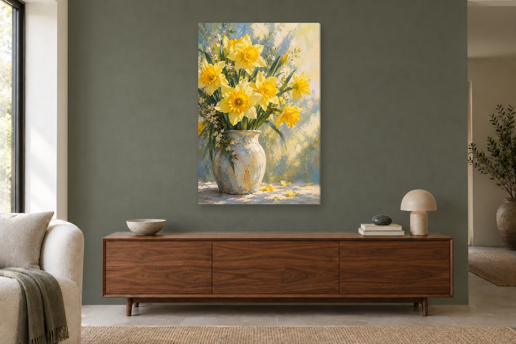Daffodil Light in a living room — interior mockup with the complete original artwork