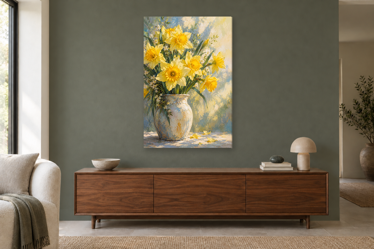 Daffodil Light in a living room — interior mockup with the complete original artwork