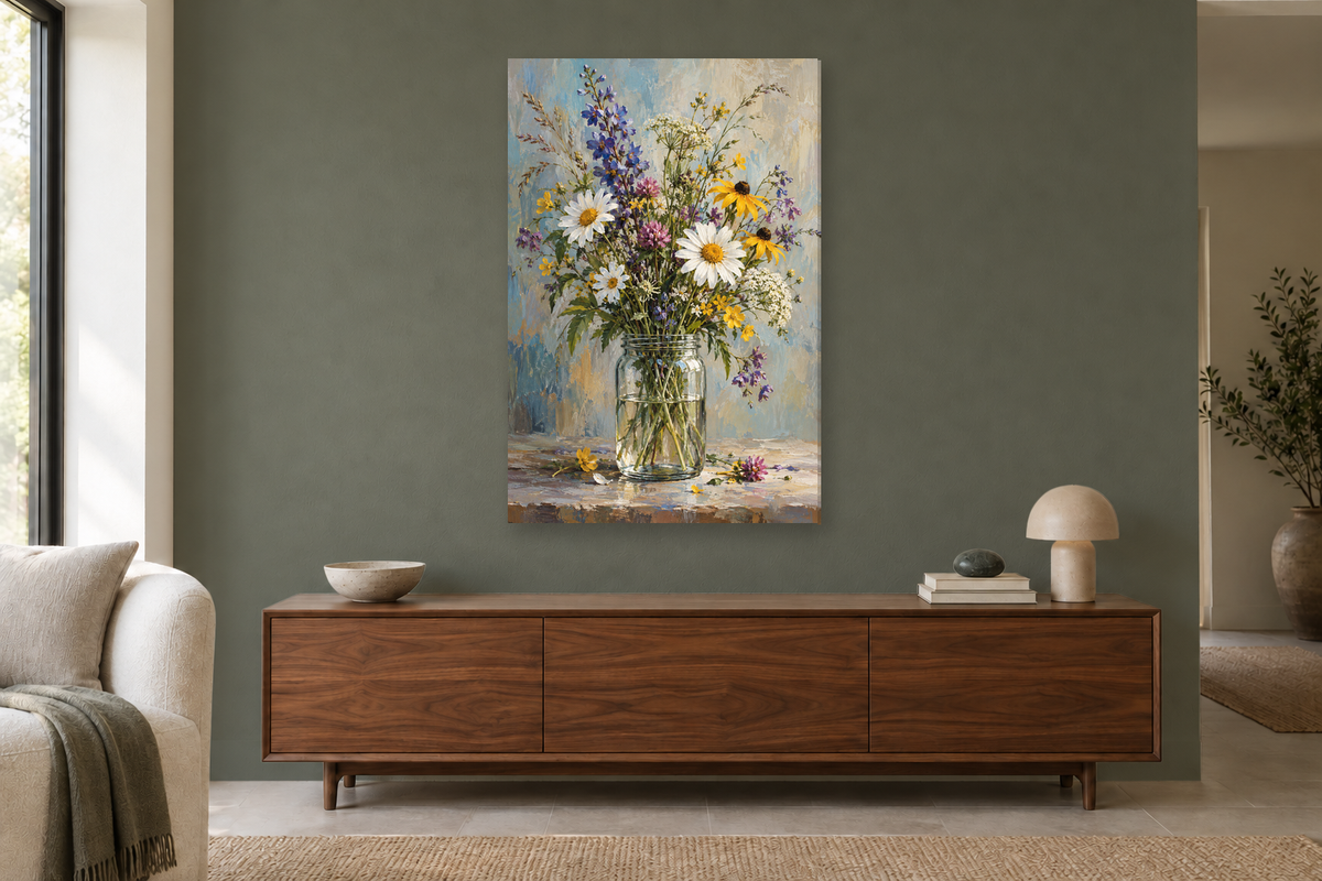 Wildflower Jar in a living room — interior mockup with the complete original artwork