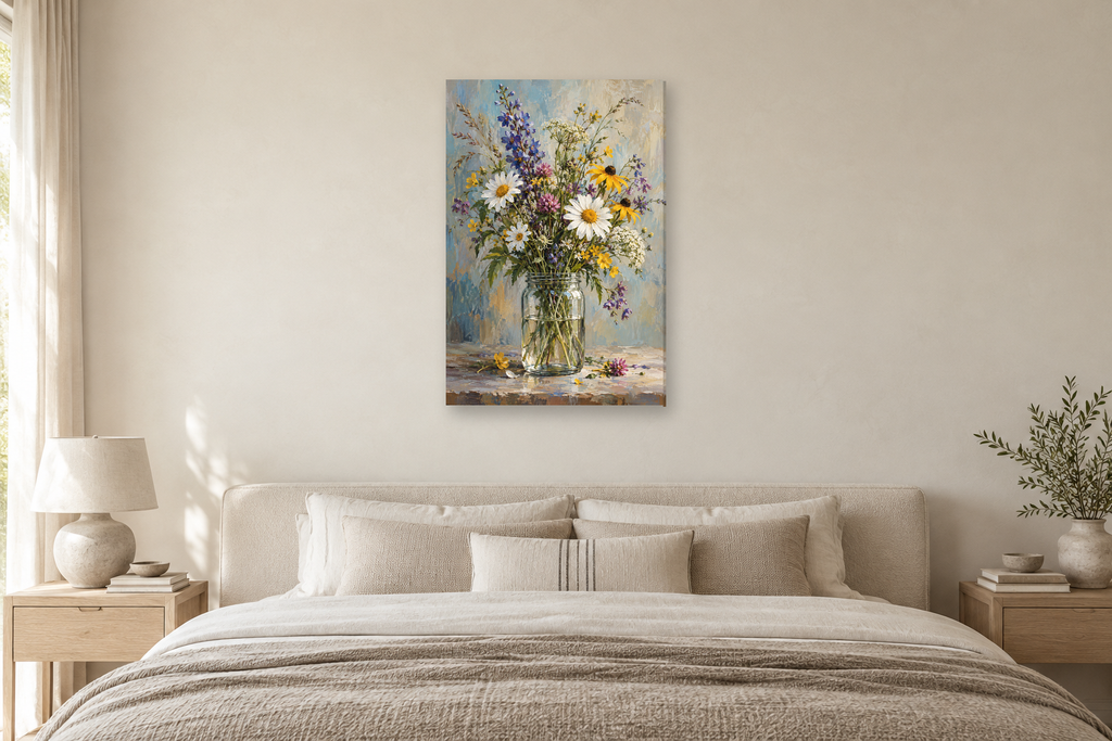 Wildflower Jar in a bedroom — interior mockup with the complete original artwork