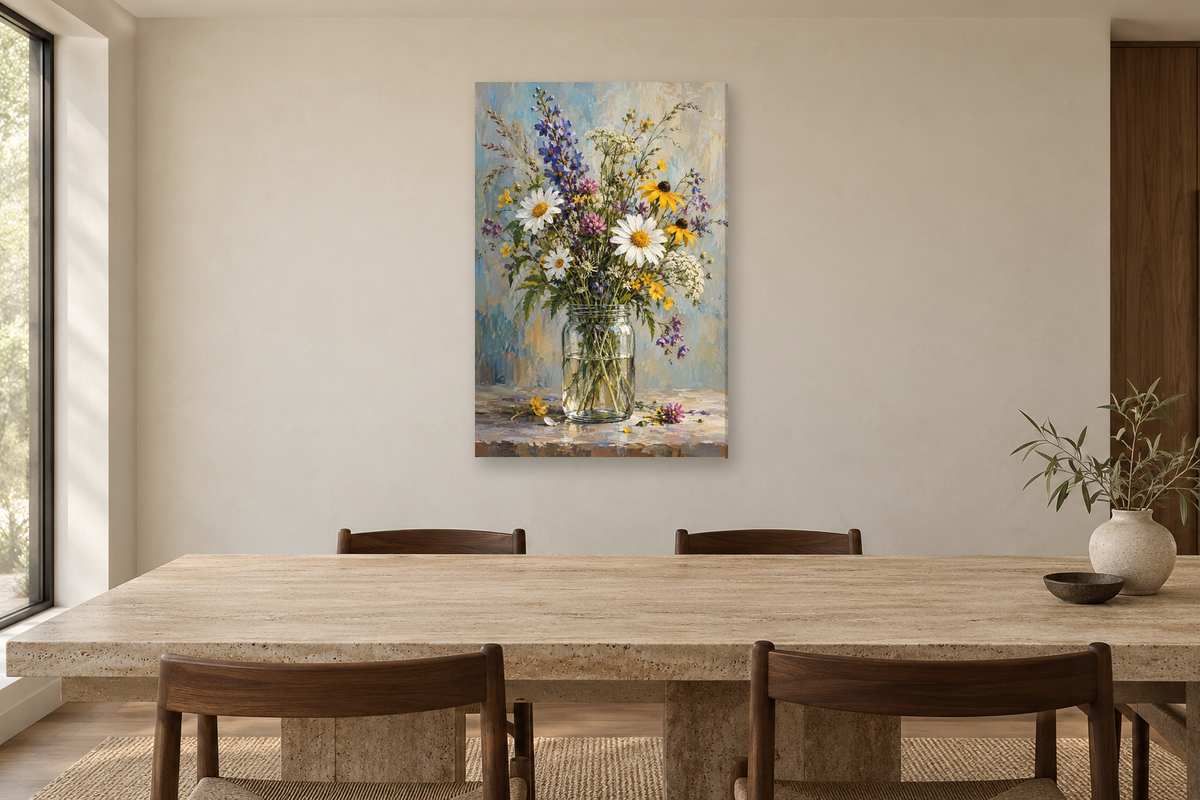 Wildflower Jar in a dining room — interior mockup with the complete original artwork