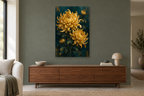 Chrysanthemum Gold in a living room — interior mockup with the complete original artwork