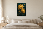 Chrysanthemum Gold in a bedroom — interior mockup with the complete original artwork