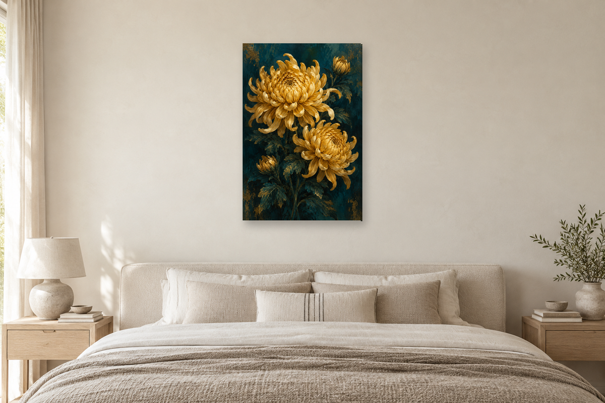 Chrysanthemum Gold in a bedroom — interior mockup with the complete original artwork
