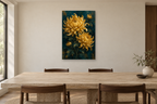 Chrysanthemum Gold in a dining room — interior mockup with the complete original artwork
