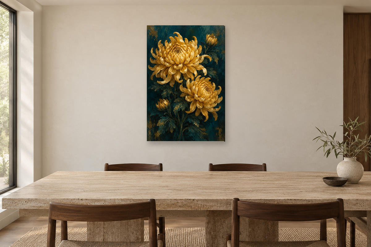 Chrysanthemum Gold in a dining room — interior mockup with the complete original artwork