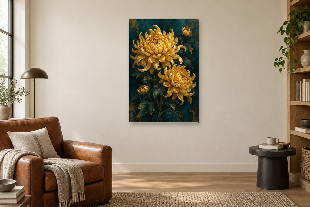 Chrysanthemum Gold in a reading corner — interior mockup with the complete original artwork