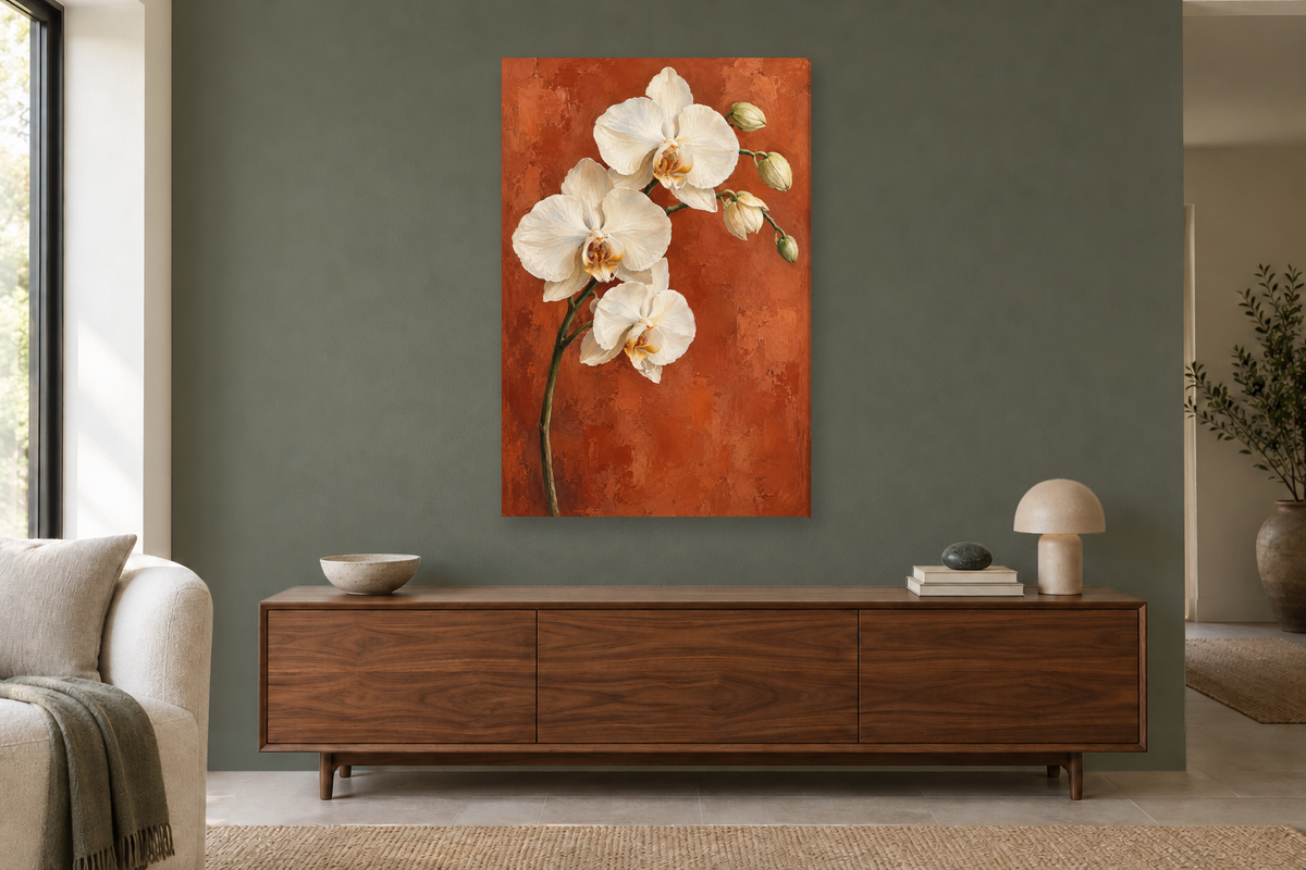 Orchid Grace in a living room — interior mockup with the complete original artwork