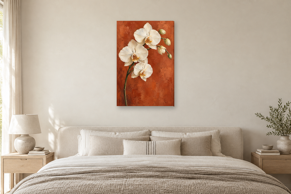 Orchid Grace in a bedroom — interior mockup with the complete original artwork