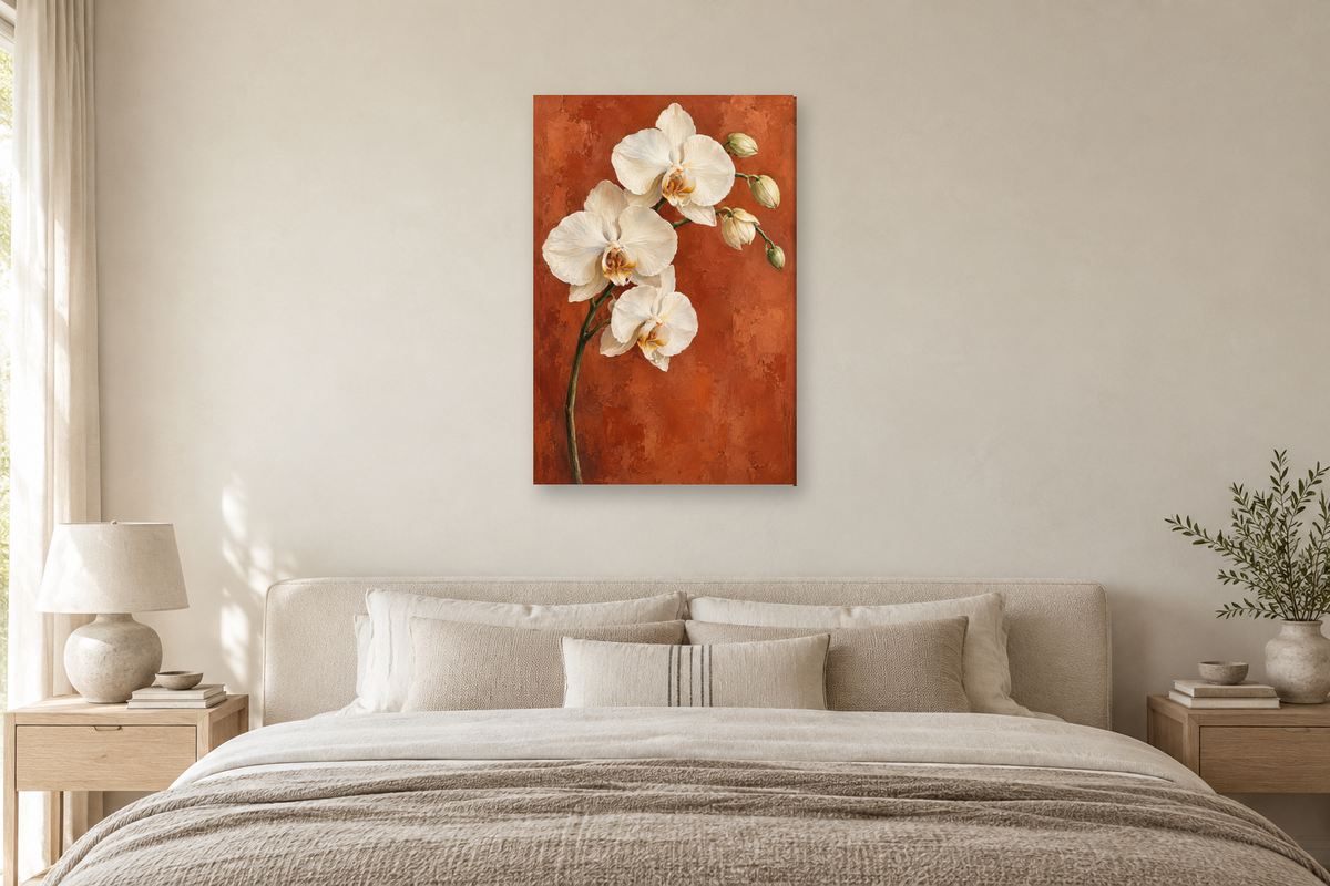 Orchid Grace in a bedroom — interior mockup with the complete original artwork