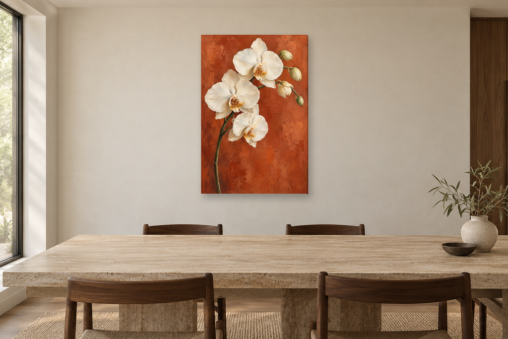 Orchid Grace in a dining room — interior mockup with the complete original artwork