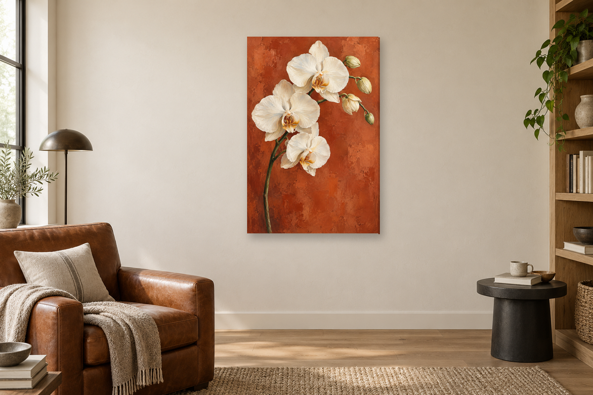 Orchid Grace in a reading corner — interior mockup with the complete original artwork