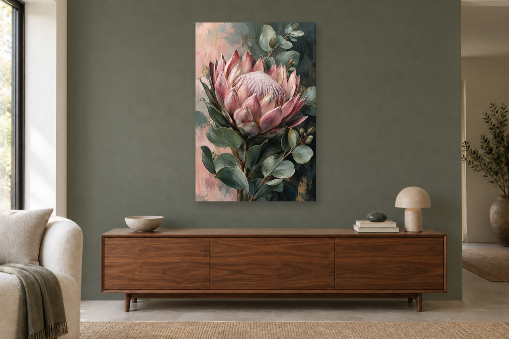 Protea Rose in a living room — interior mockup with the complete original artwork