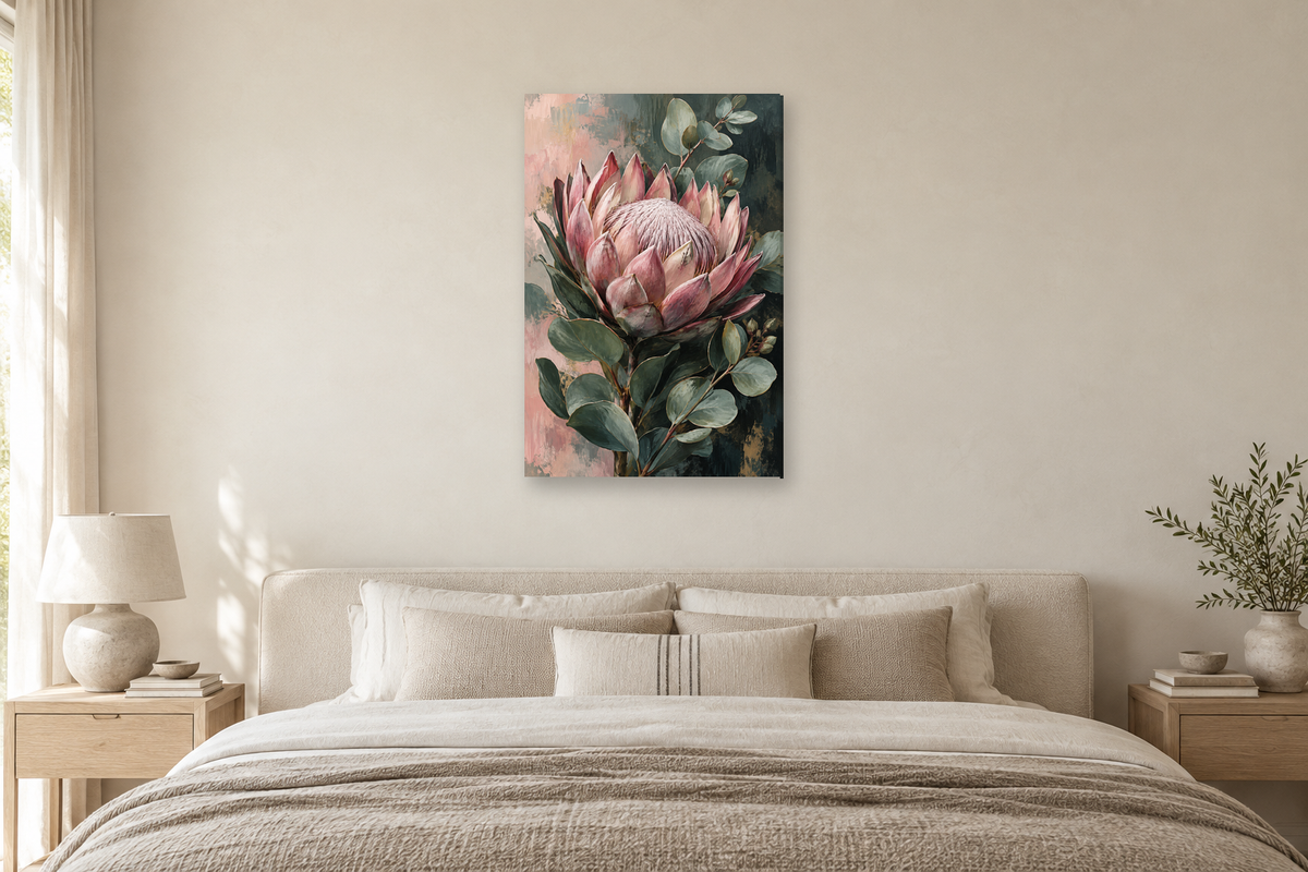 Protea Rose in a bedroom — interior mockup with the complete original artwork