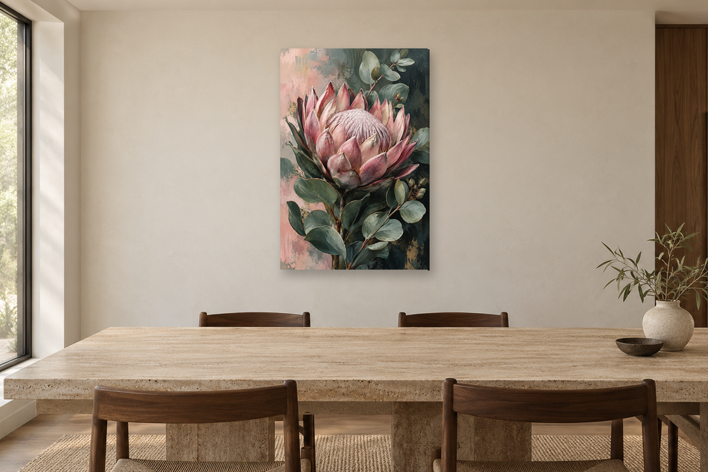 Protea Rose in a dining room — interior mockup with the complete original artwork