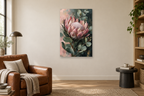 Protea Rose in a reading corner — interior mockup with the complete original artwork