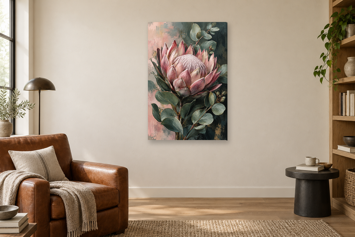 Protea Rose in a reading corner — interior mockup with the complete original artwork