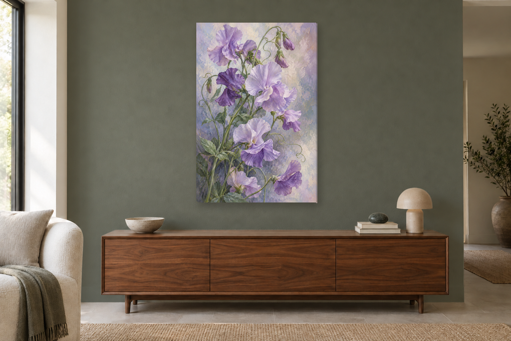 Sweet Pea Air in a living room — interior mockup with the complete original artwork