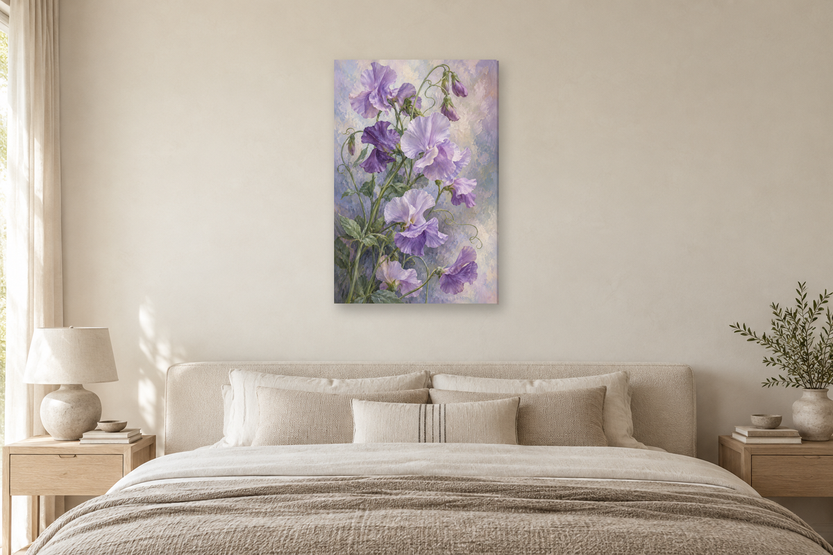 Sweet Pea Air in a bedroom — interior mockup with the complete original artwork