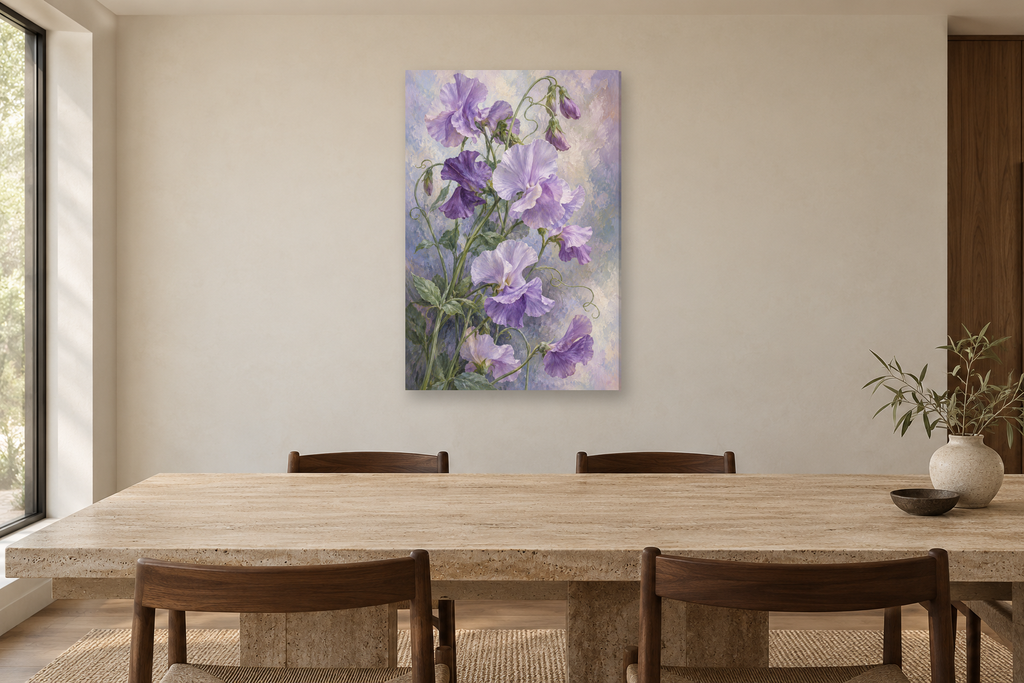 Sweet Pea Air in a dining room — interior mockup with the complete original artwork