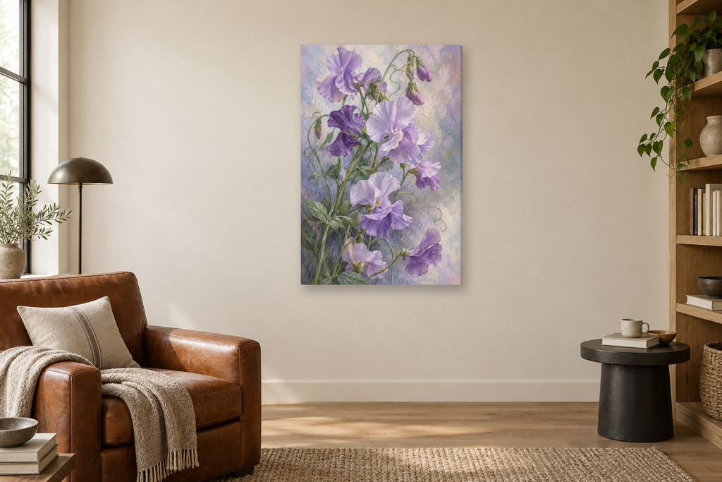 Sweet Pea Air in a reading corner — interior mockup with the complete original artwork