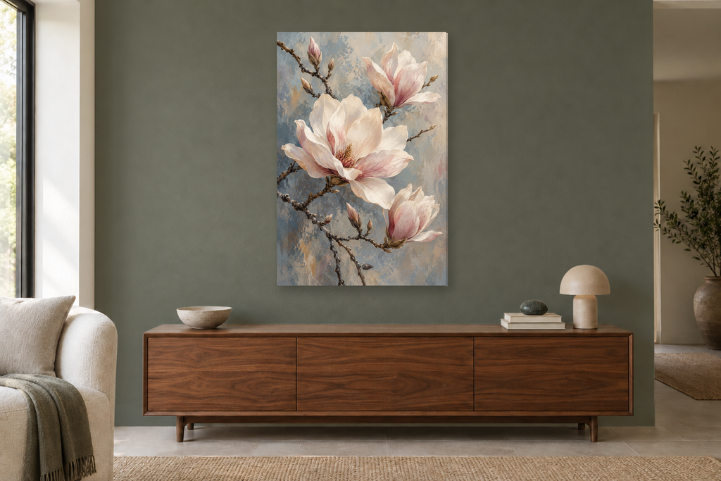 Magnolia Dawn in a living room — interior mockup with the complete original artwork