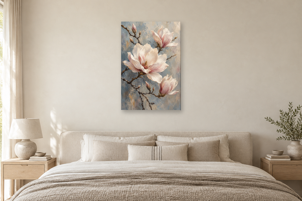 Magnolia Dawn in a bedroom — interior mockup with the complete original artwork