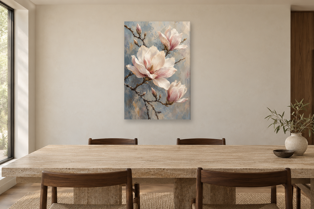 Magnolia Dawn in a dining room — interior mockup with the complete original artwork