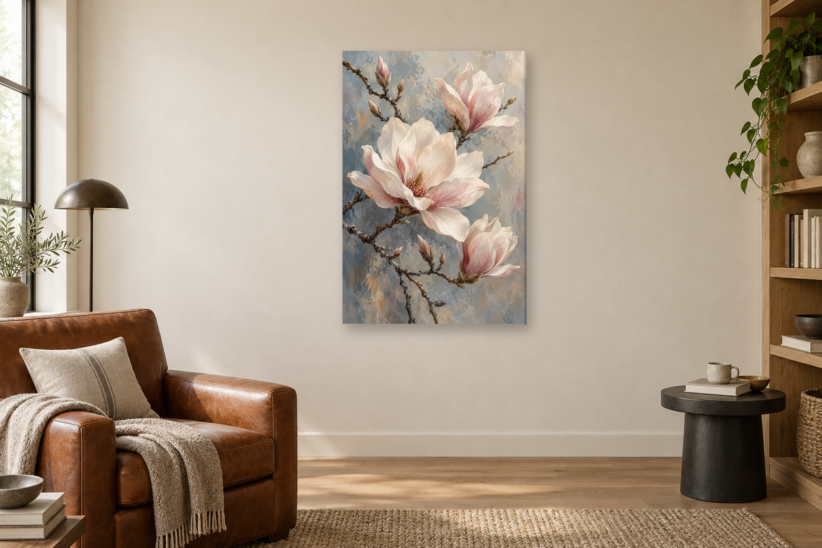 Magnolia Dawn in a reading corner — interior mockup with the complete original artwork