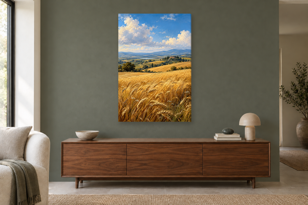 Amber Fields in a living room — interior mockup with the complete original artwork