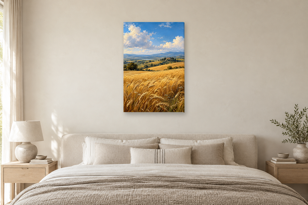 Amber Fields in a bedroom — interior mockup with the complete original artwork