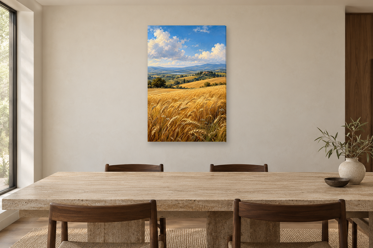 Amber Fields in a dining room — interior mockup with the complete original artwork