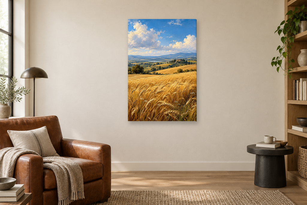 Amber Fields in a reading corner — interior mockup with the complete original artwork