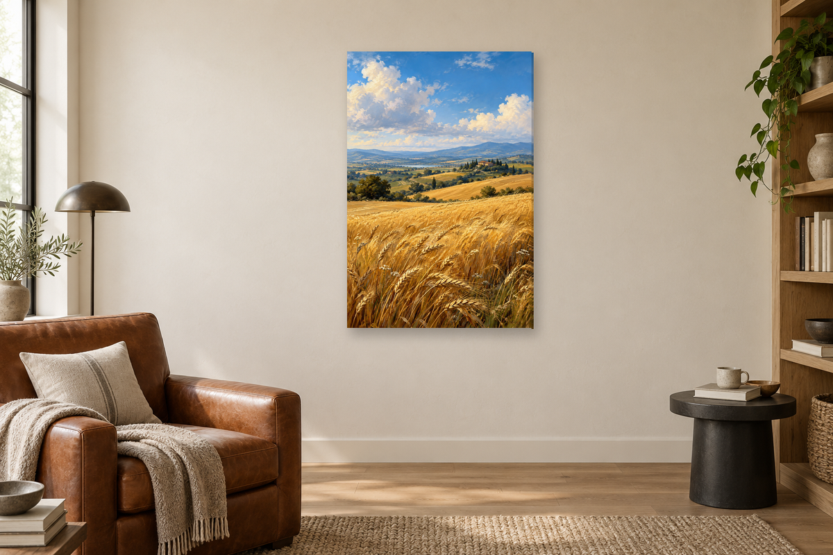 Amber Fields in a reading corner — interior mockup with the complete original artwork
