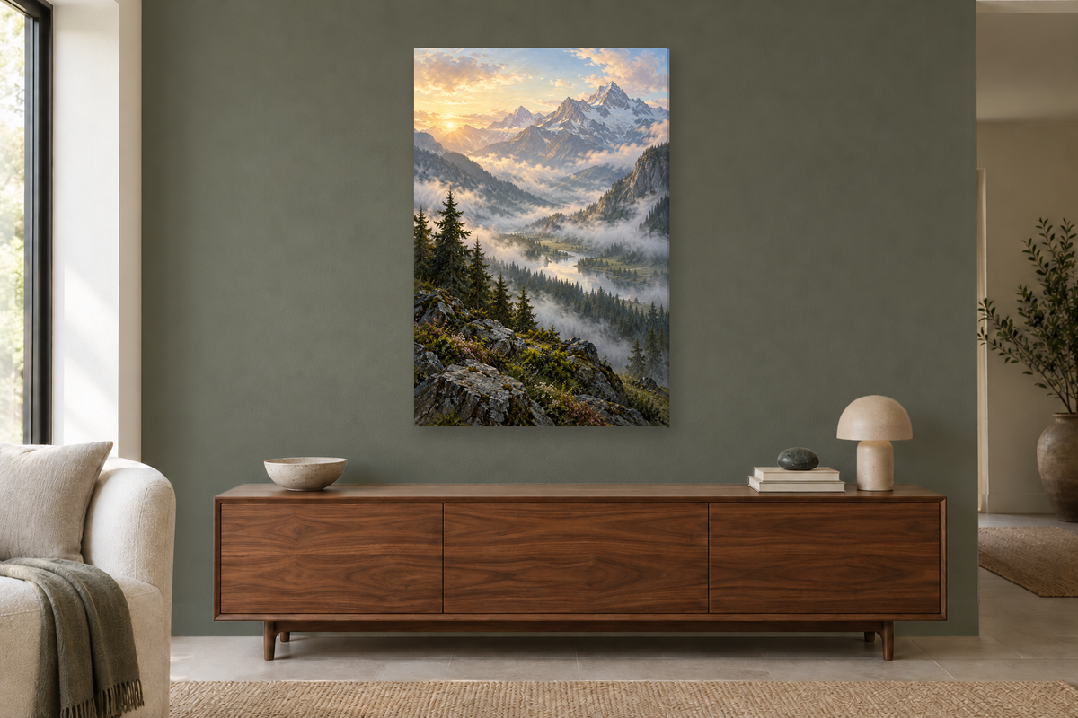 Alpine Morning in a living room — interior mockup with the complete original artwork