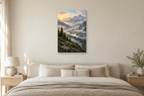 Alpine Morning in a bedroom — interior mockup with the complete original artwork