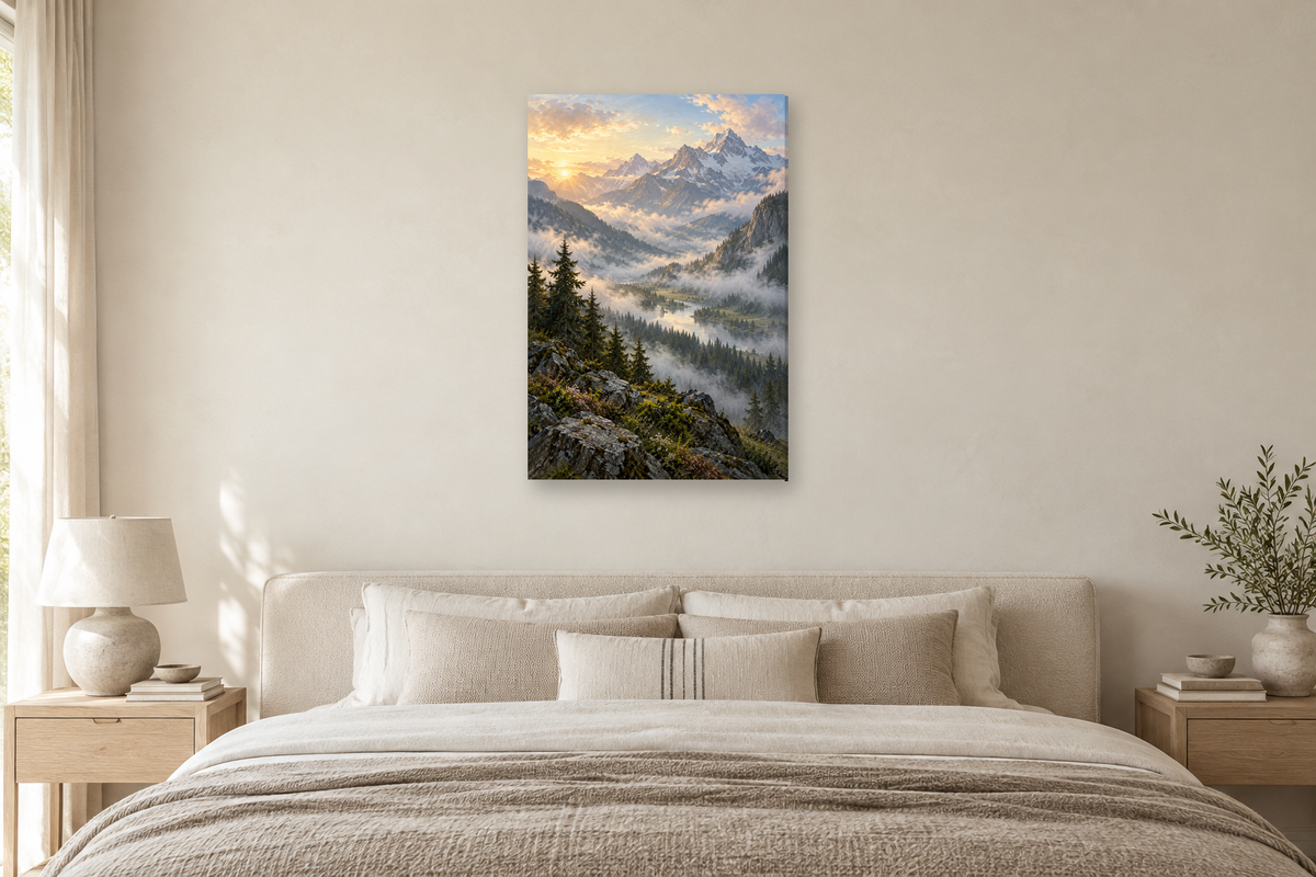 Alpine Morning in a bedroom — interior mockup with the complete original artwork